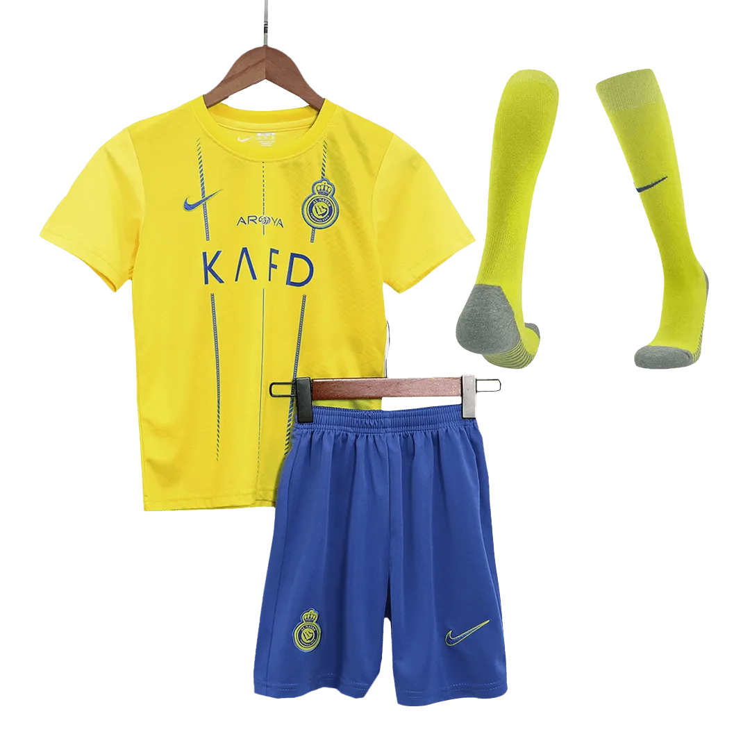 481a4d3701 2023/24 Kids Al Nassr Home Whole Kit(Jersey+Shorts+Socks) - Image 1
